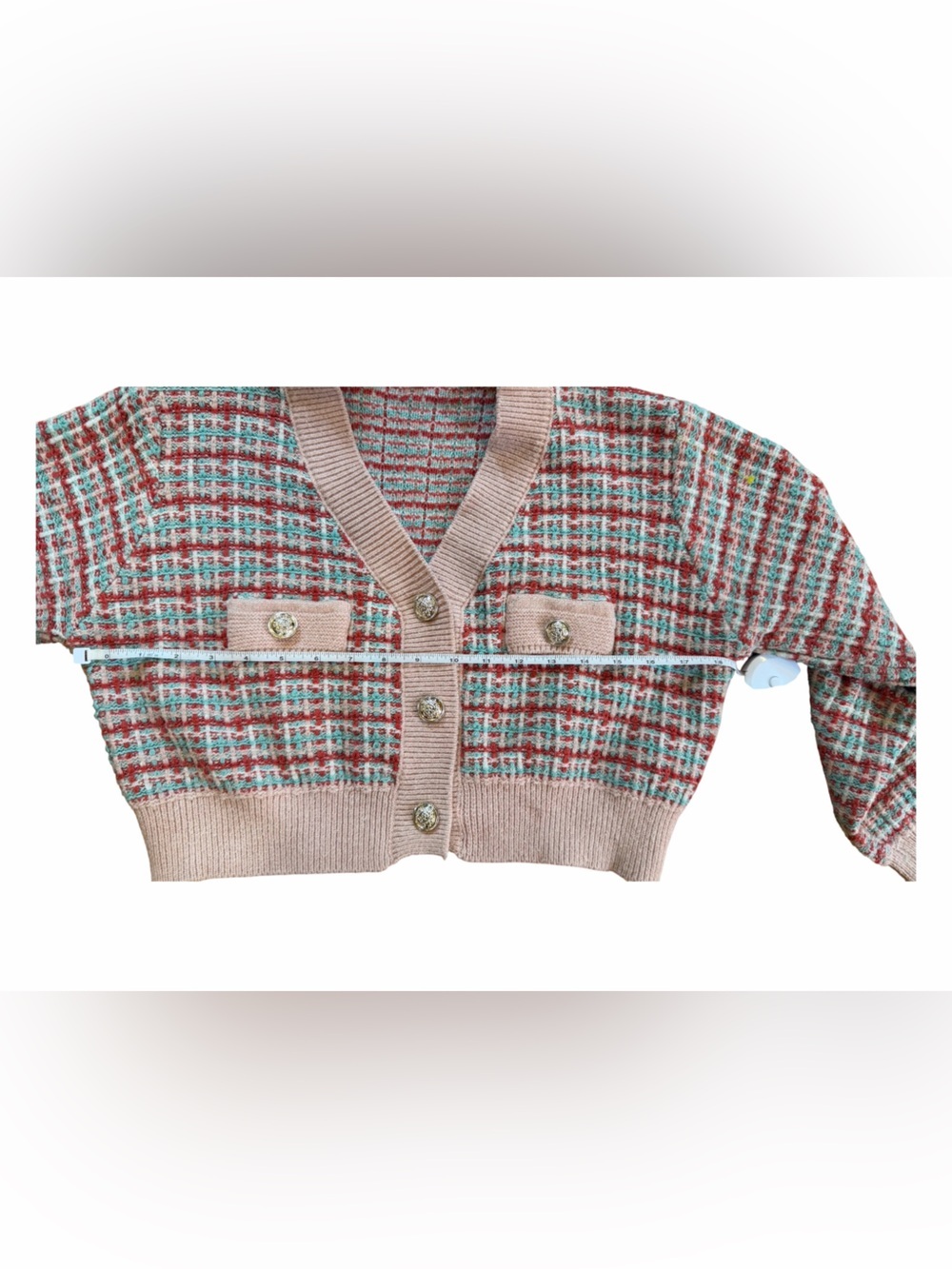 Cropped Pink Plaid Knit Cardigan with Decorative Buttons - Picture 6 of 9